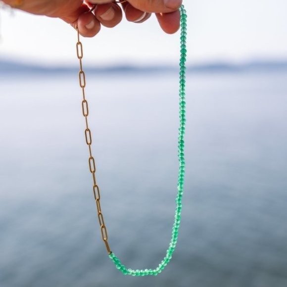 BUNDLE EARRING AND NECKLACE Green Aventurine Sparkly hoops half paperclip chain - Picture 13 of 16